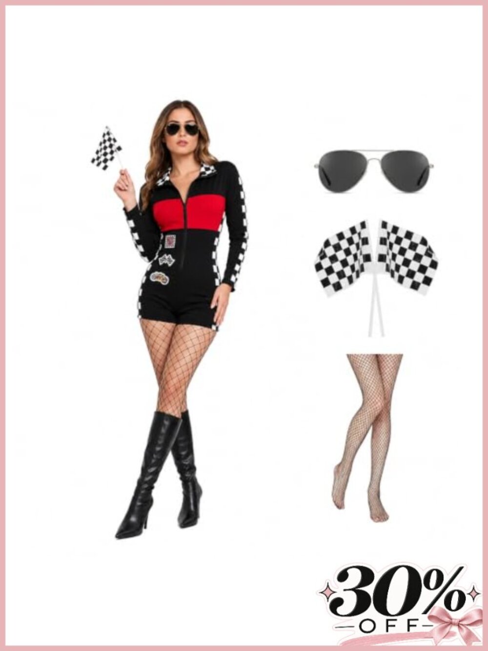 Women's Racing Jumpsuit Costume Set with Sunglasses and Flags